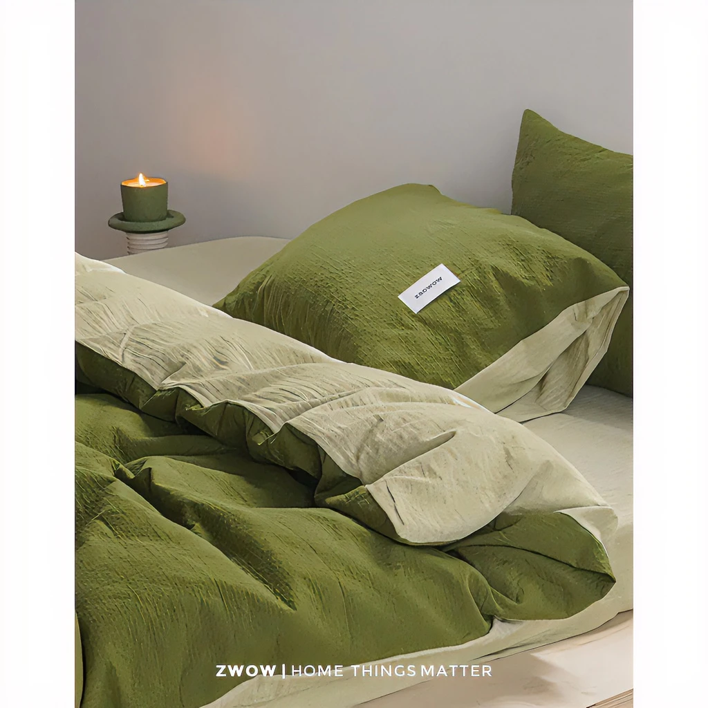 造卧zwow三层空气层暗纹提花绿色简约亲肤柔软A类全棉床上四件套