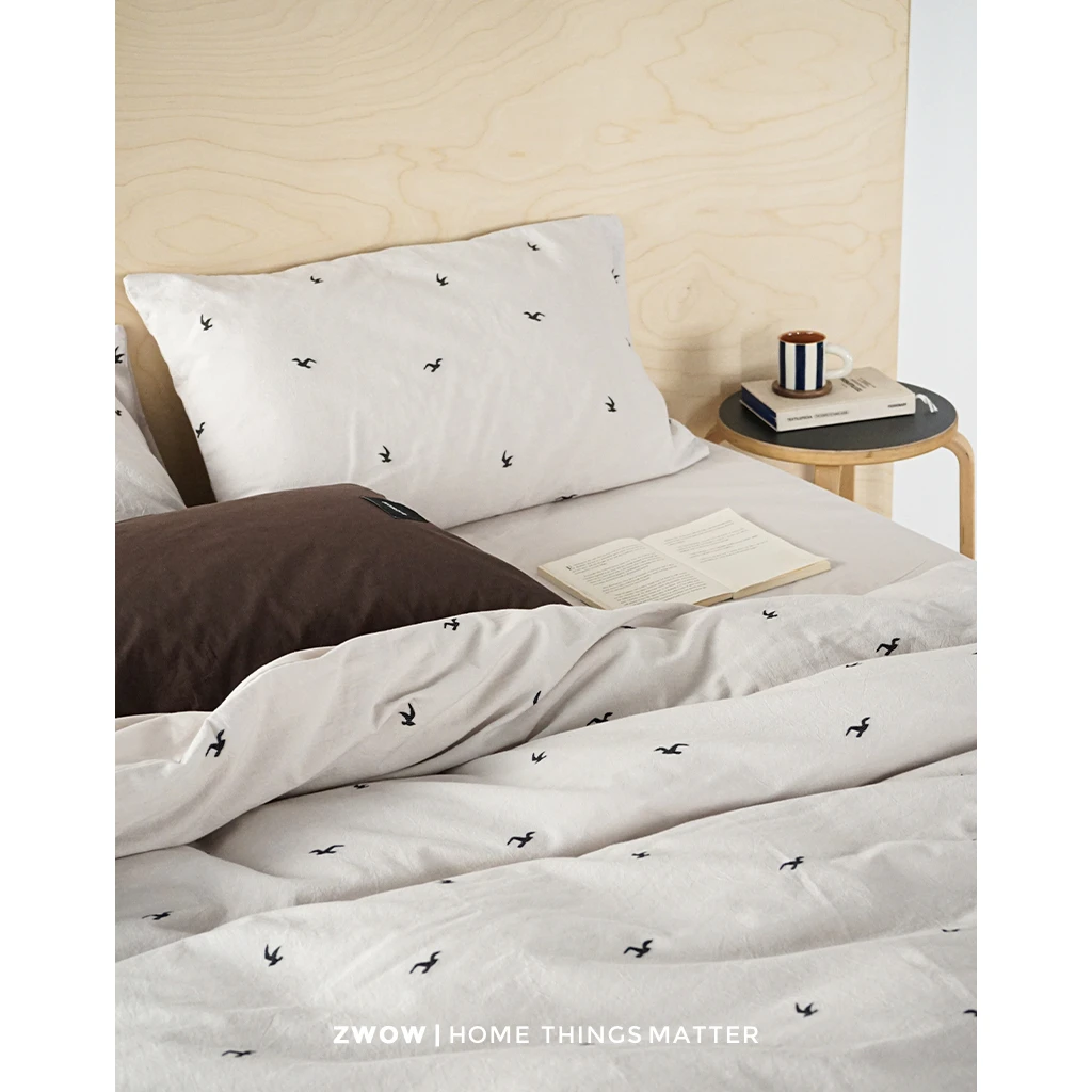 造卧zwow轻奢高级感新中式大雁剪影提花色织米灰色100全棉四件套