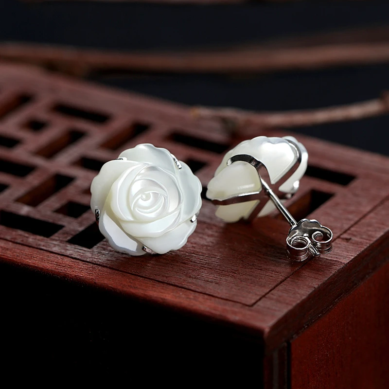 小银匠925银耳钉女天然贝母玫瑰花耳环新中式复古镶嵌古风耳饰品