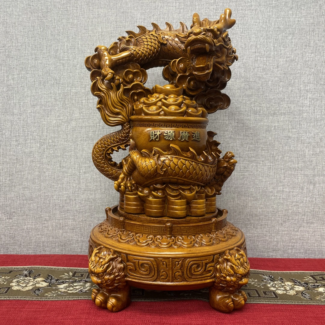 财源广进360度可旋转生肖龙木纹色摆件收银台前台摆设送礼礼品