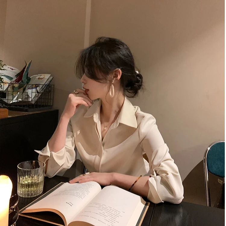 断码【戛悦】2024时尚百搭设计感纯色醋酸缎面衬衫宽松气质长袖衬衫