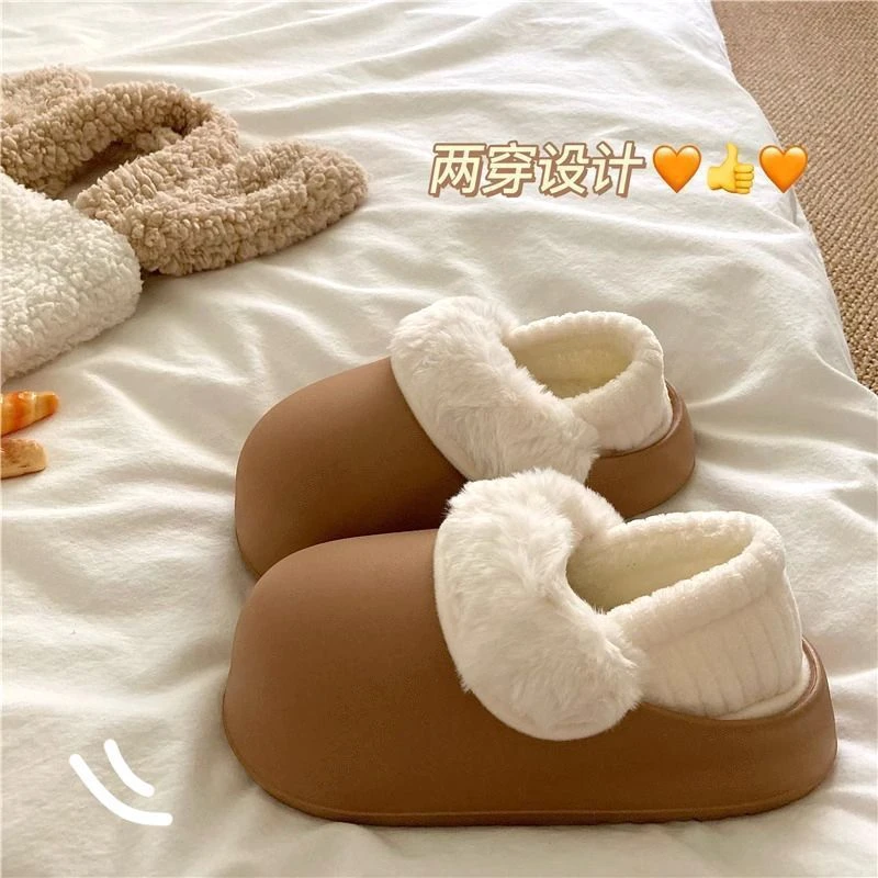 可拆卸棉拖鞋女款防水棉鞋女冬季厚底保暖外穿包跟毛绒绒月子棉鞋