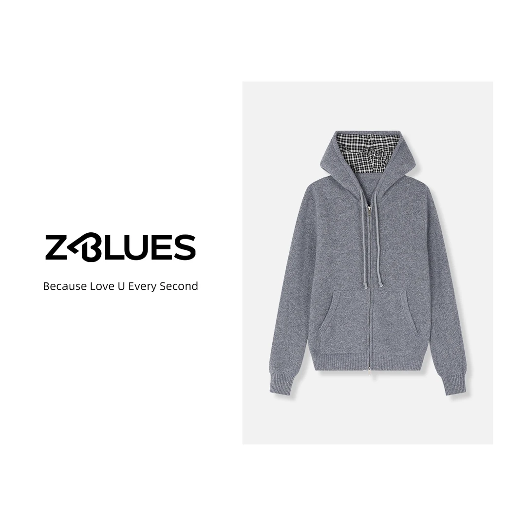 Z.blues【美式格调】纯羊毛格子拼色拉链帽衫YZYOYO5402