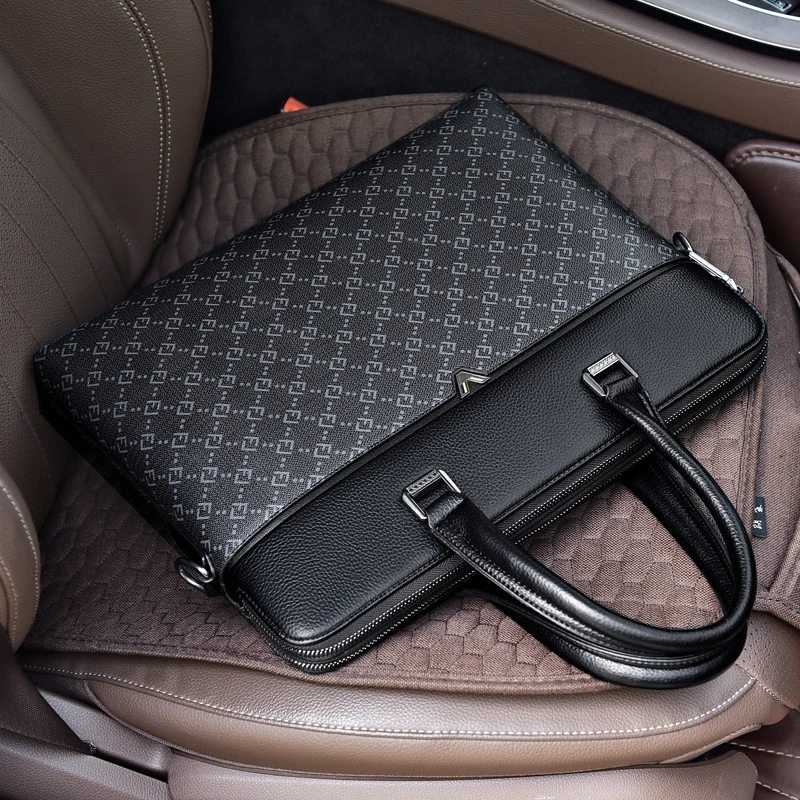 新款男士手提包商务公文包横款双层拉链防水通勤印花单肩斜挎包袋