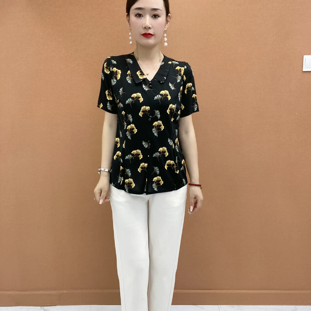 中老年女士短袖衬衫时尚显瘦夏季妈妈装T恤2024新款中年短袖上衣