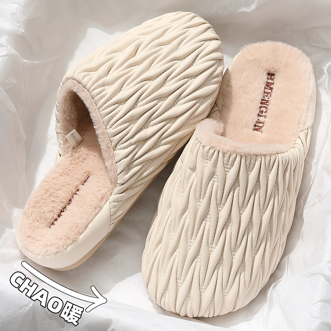 拖鞋加绒保暖女款2025新款居家室内防滑褶皱高档秋冬季棉拖女外穿