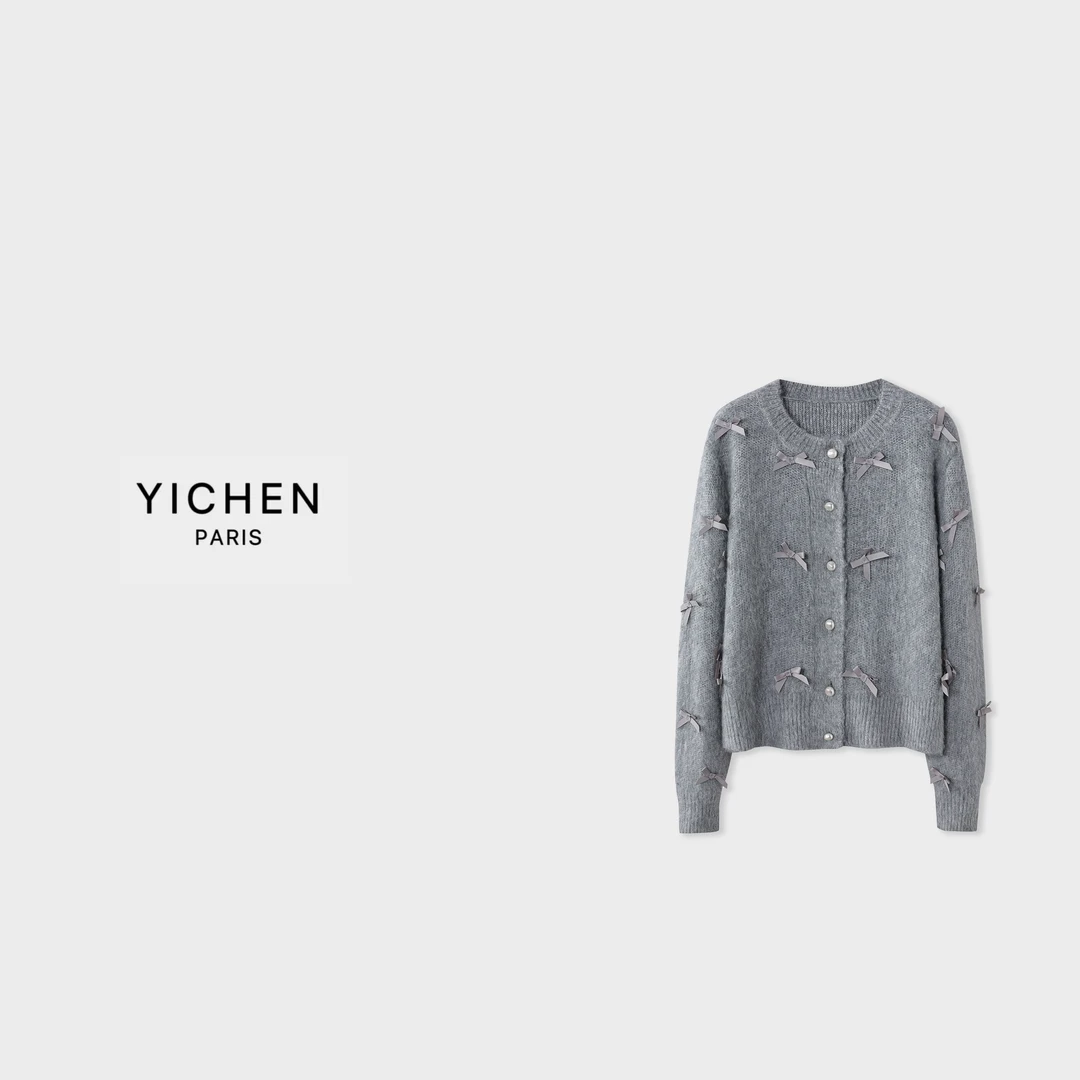 YC 灰色挂毛蝴蝶结装饰单排扣甜美风毛衣款式开衫-2315