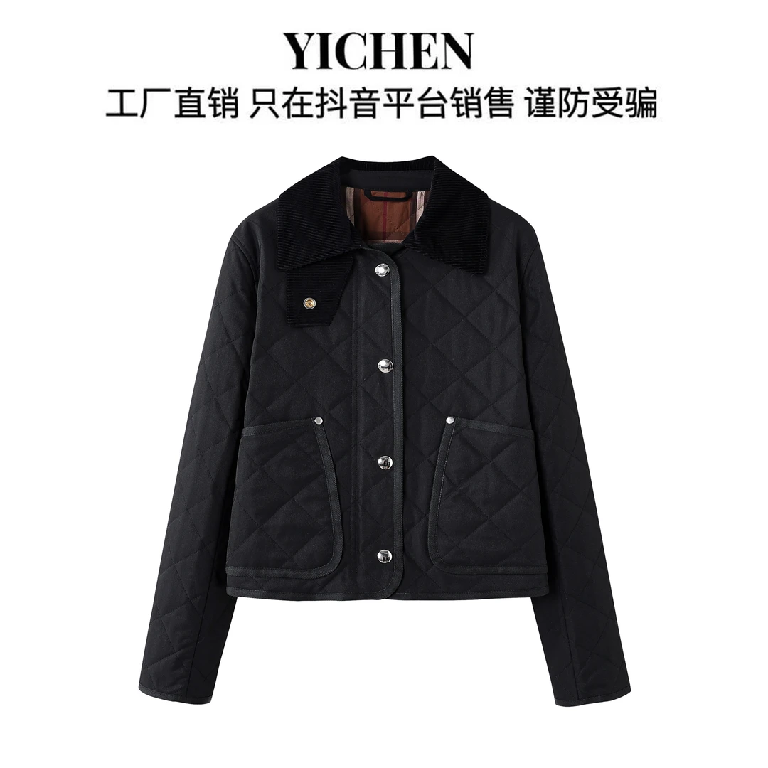YC 时尚百搭经典黑色菱形格丝绒拼接单排扣翻领棉服款式外套-4004