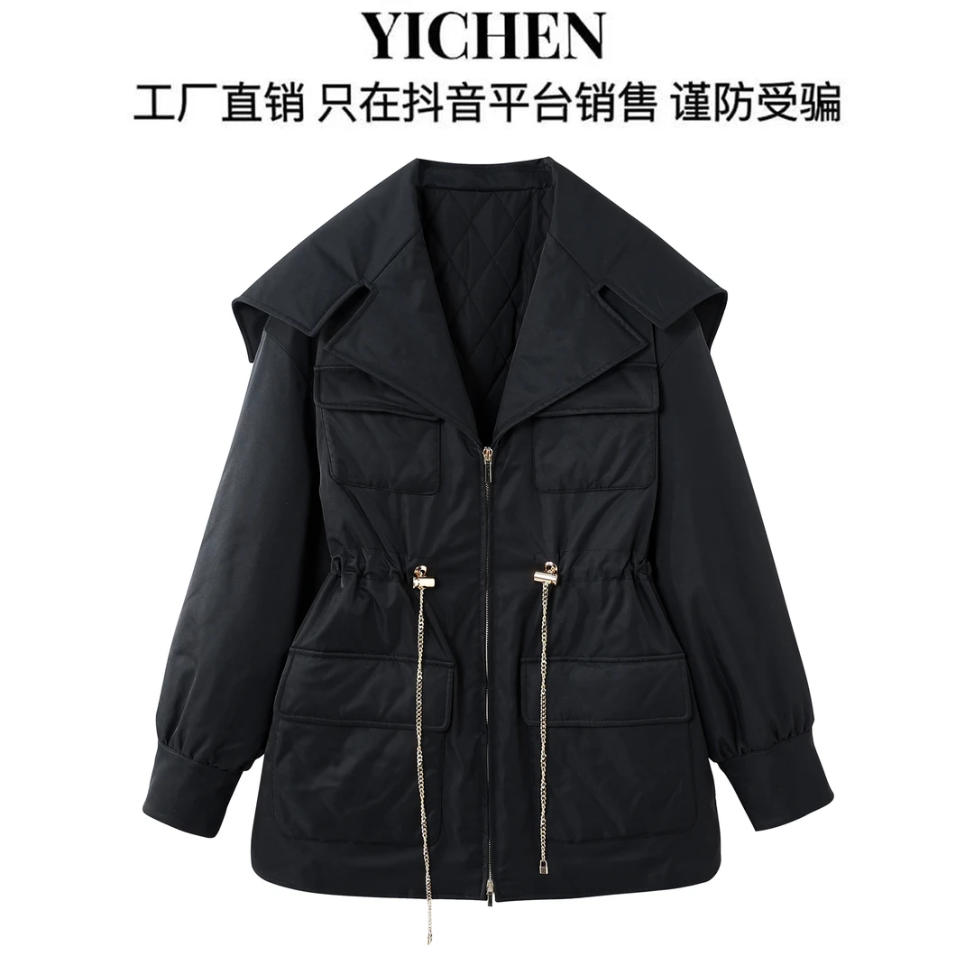 YC 时尚休闲女士小香经典翻领阔版收腰高订黑色棉服外套-4017
