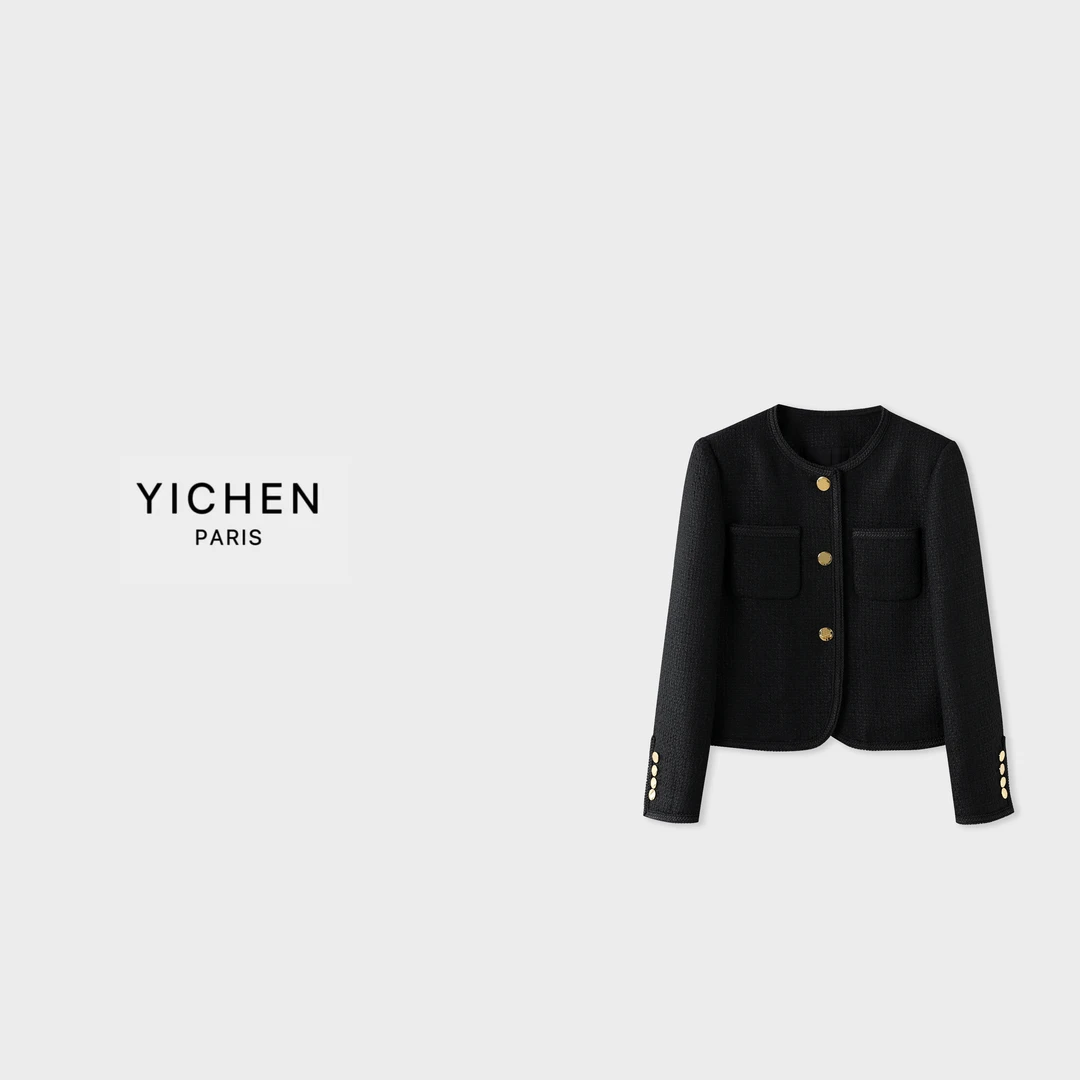 YC 神秘黑粗花呢轻奢金属扣双口袋圆领短款外套-1229