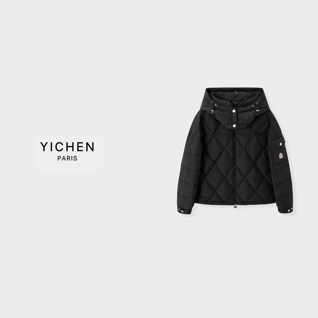 YC 黑色菱形格绗缝压线拉链羽绒服-4091