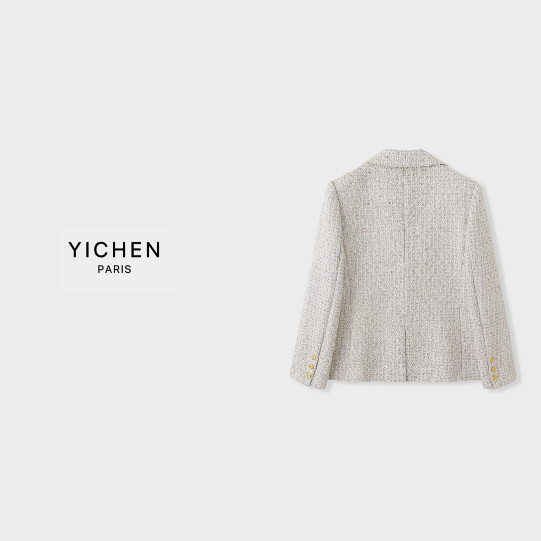 YC 徽章刺绣一粒扣流苏粗花呢双口袋西装外套-1715