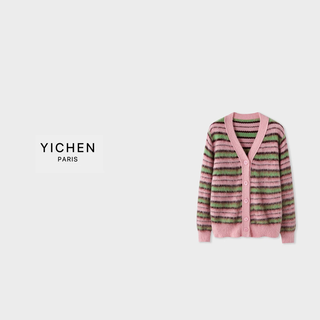YC 粉色条纹系列V领长袖毛衣外套-2198