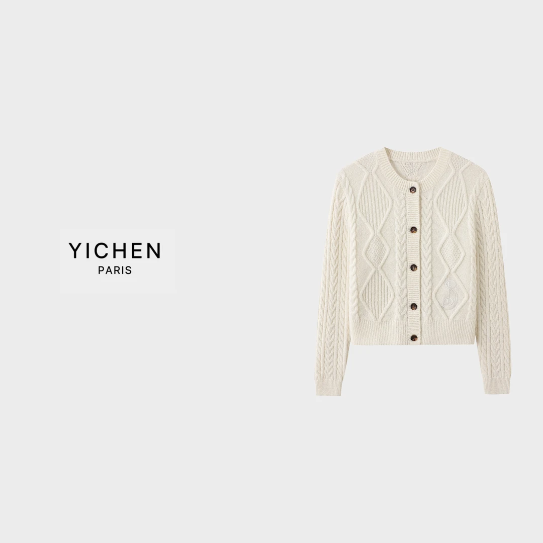 YC 珍珠白立体萎格绞花单排扣圆领针织外套-2941