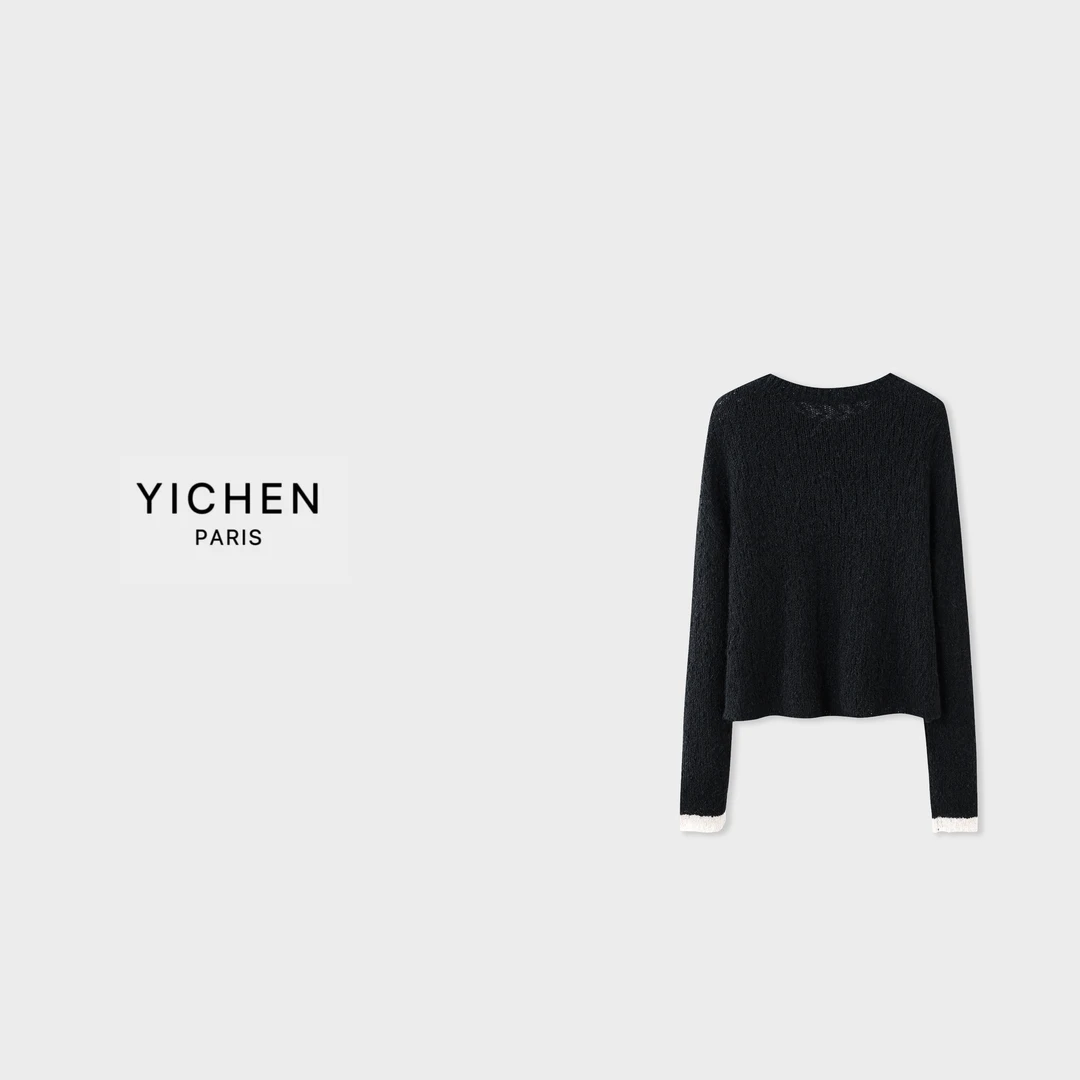 YC 小香风黑色连笔字母刺绣撞色插肩袖毛衣-2369