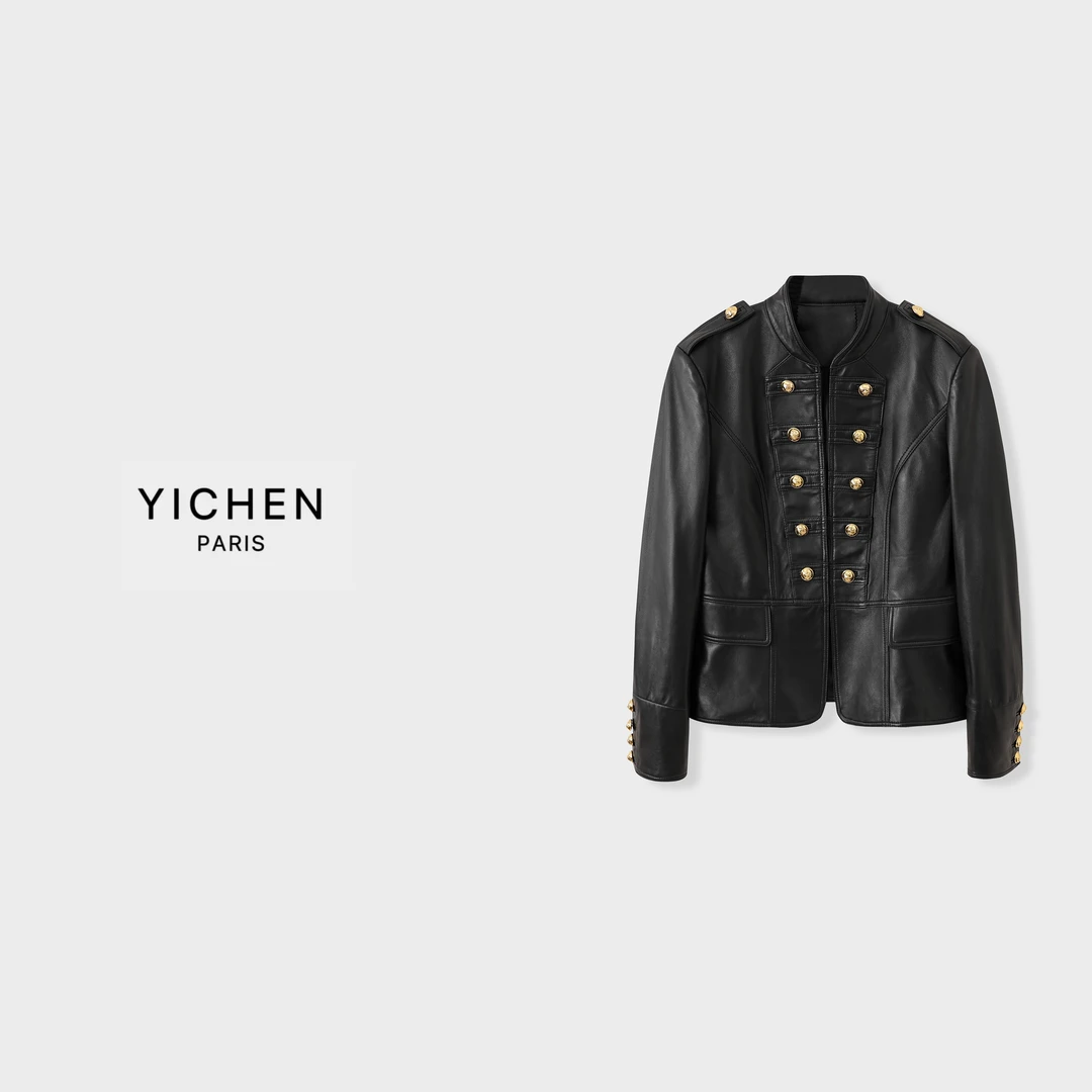 YC 黑金双排扣猎装款立领开襟皮衣外套-1710