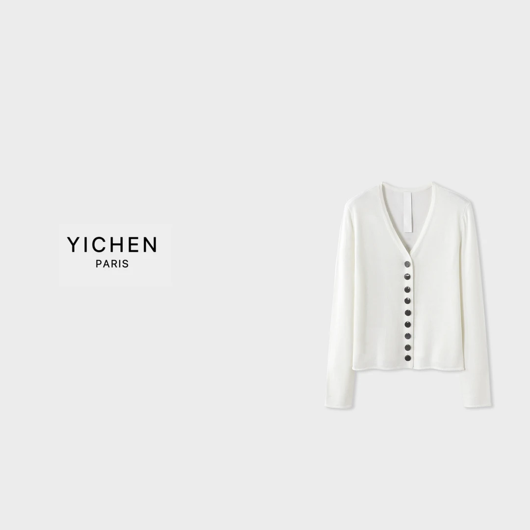 YC 奶白色轻薄女装十字架烫钻标志V领单排扣针织款开衫外套-2199