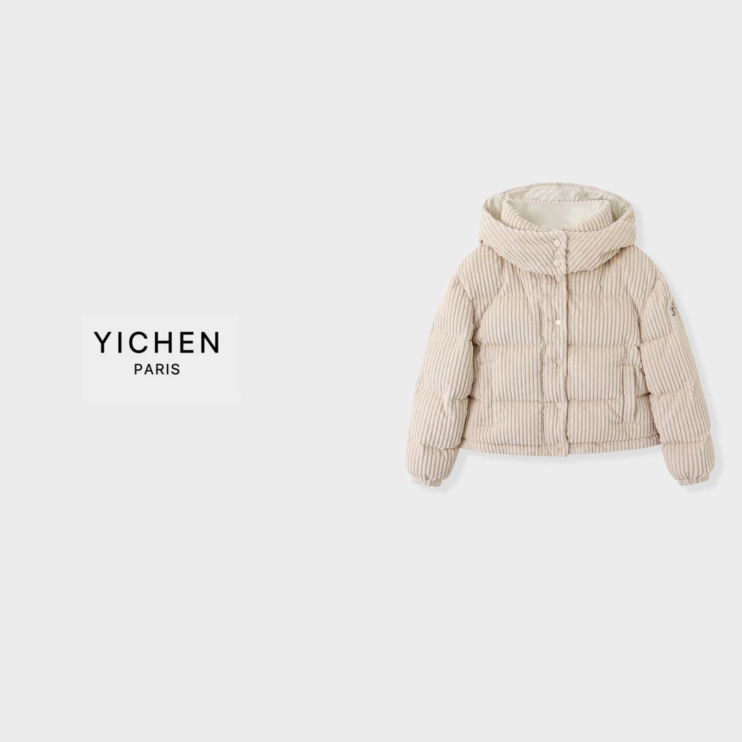YC 滑雪系列灯芯绒连帽短款浅杏色羽绒服-4085