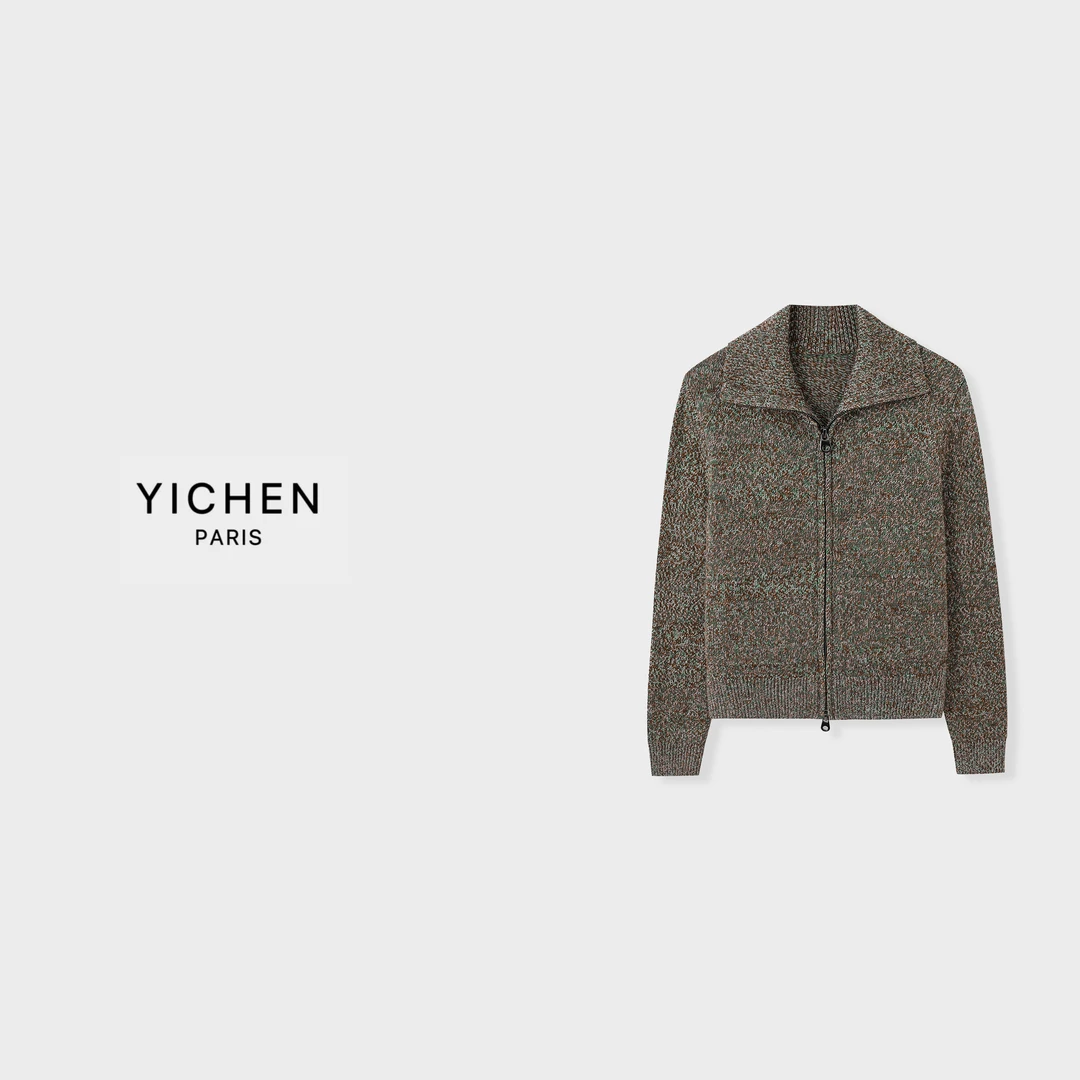 YC 老钱风花纱翻领双拉头深棕色毛衣外套-6024