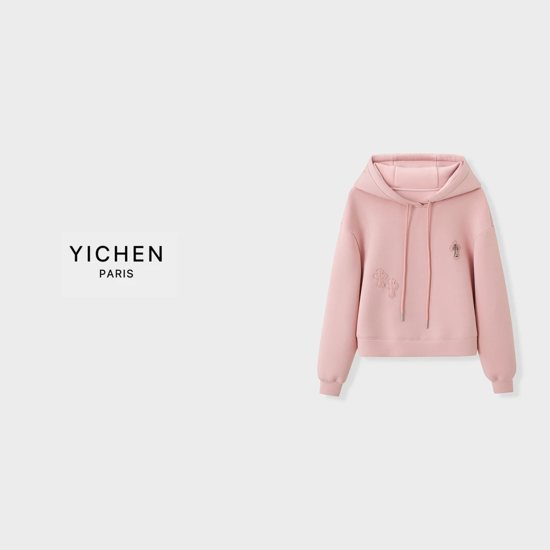 YC 嫩粉色十字架皮标装饰连帽抽绳休闲短卫衣-3235