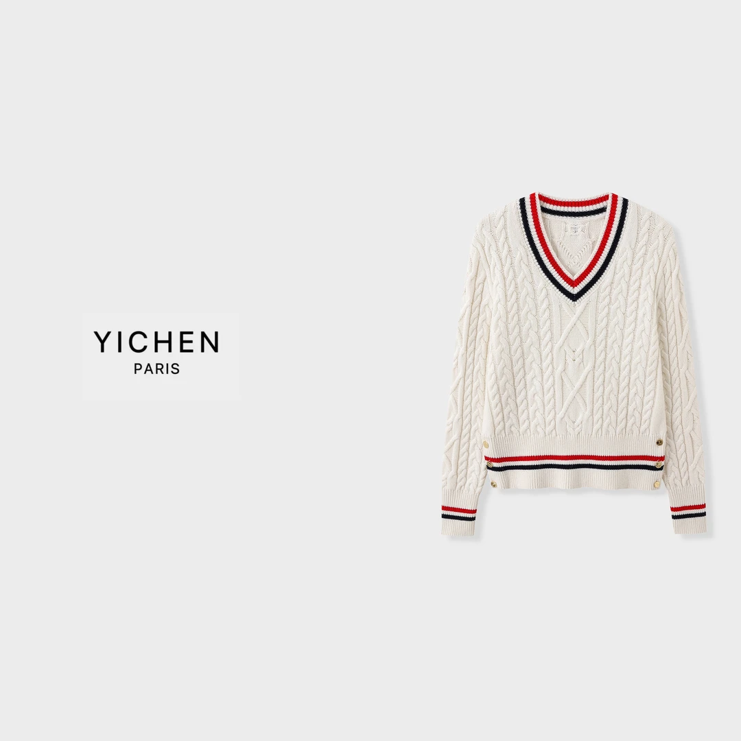 YC 彩条系列撞色V领绞花粗针奶油白毛衣-2873