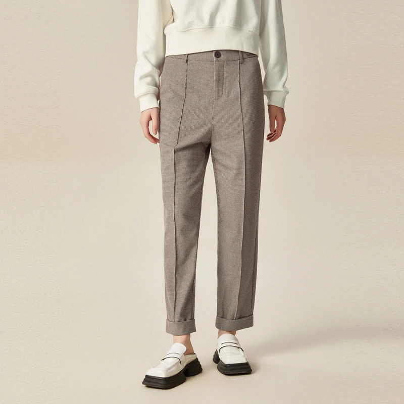 XG雪歌复古格纹设计通勤休闲裤冬季新款简约西装哈伦长裤女装