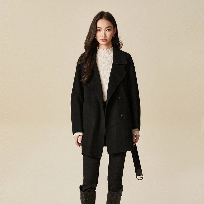 XG雪歌黑色通勤简约毛呢外套冬季新款中长款长袖绵羊毛大衣女