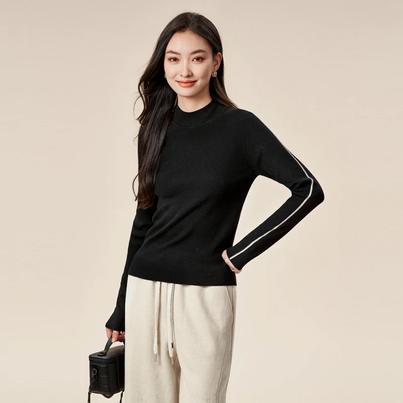 XG雪歌黑色高领长袖毛针织衫冬季新款修身设计绵羊毛毛衫女装