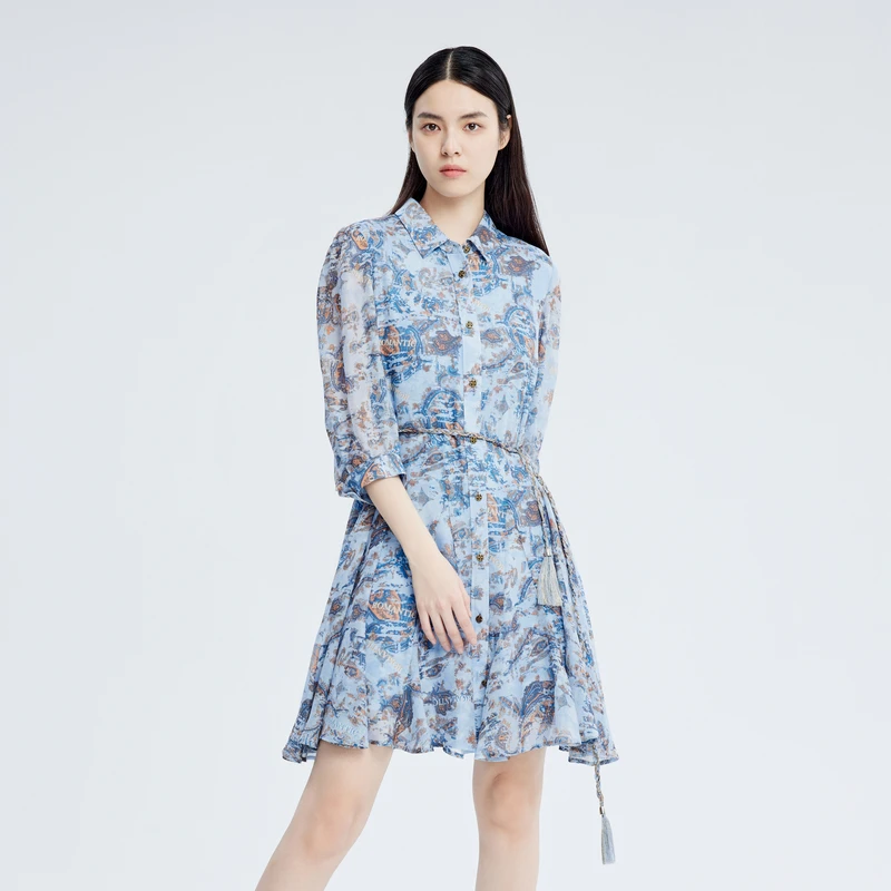 XG雪歌秋季新款腰带装饰衬衫翻领a字裙女