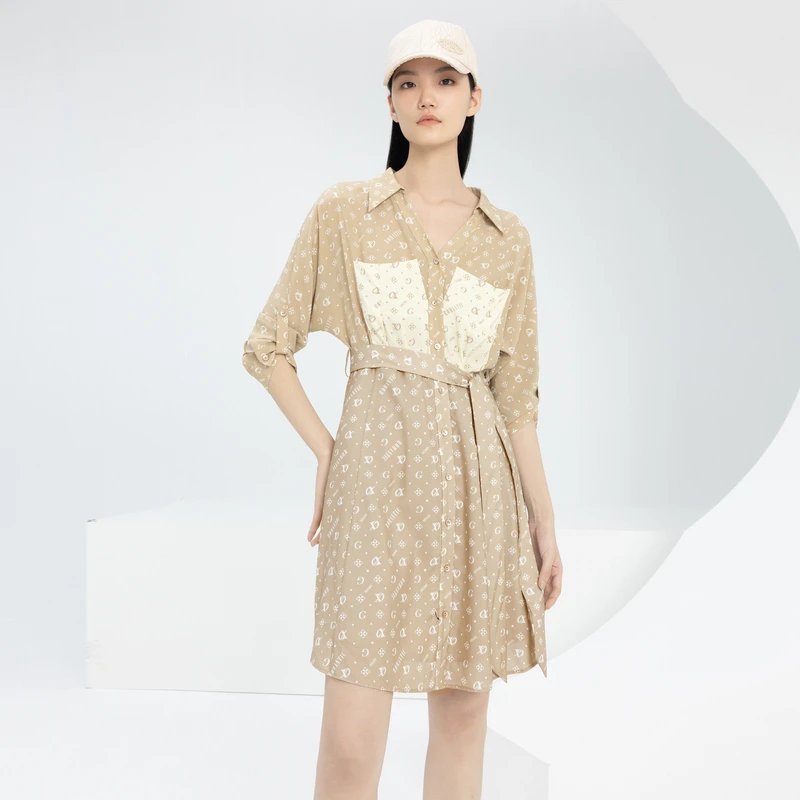 XG雪歌满版字母印花长袖连衣裙春季新款撞色设计中长衬衫裙女