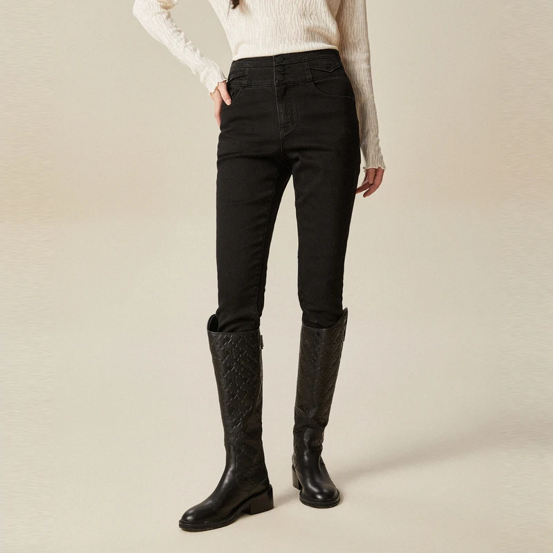 XG雪歌黑色棉弹设计高腰牛仔裤冬季新款通勤修身直筒长裤女装