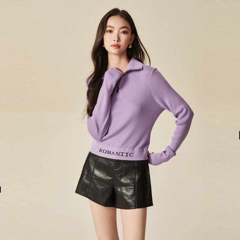 XG雪歌字母绣花长袖毛针织衫冬季新款灰紫色绵羊毛套头毛衫女