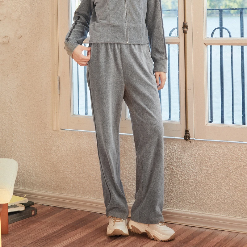 XG雪歌织带拼接灰色宽松休闲裤冬季新款通勤简约直筒长裤女装