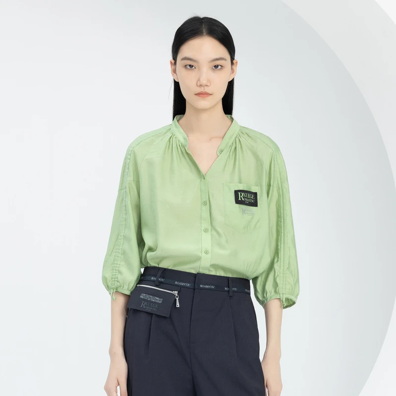 XG雪歌浅绿色通勤五分袖衬衫春季新款抽绳堆堆袖设计上衣女装