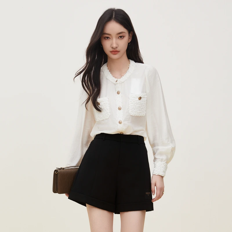 XG雪歌毛绒拼接设计长袖衬衫秋季新款白色通勤简约圆领上衣女