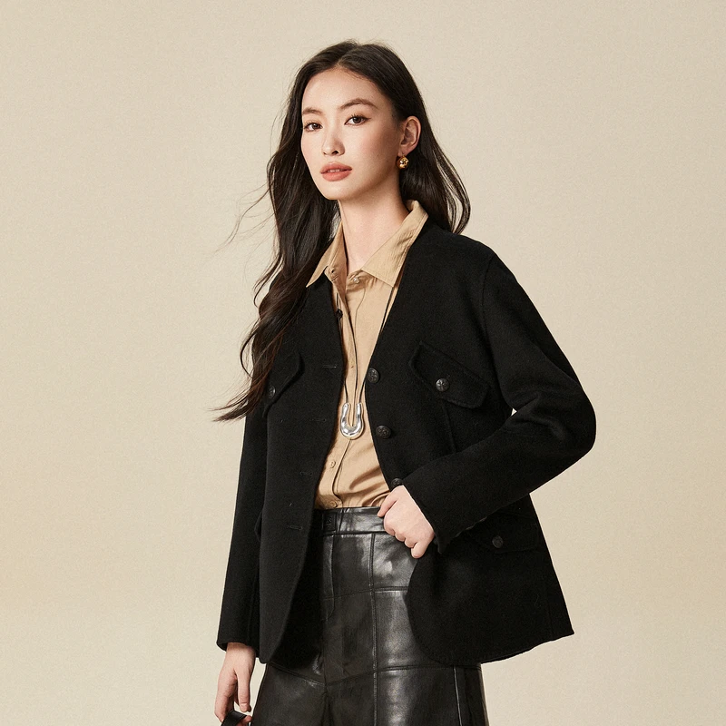 XG雪歌黑色长袖保暖毛呢外套冬季新款通勤简约纯绵羊毛大衣女