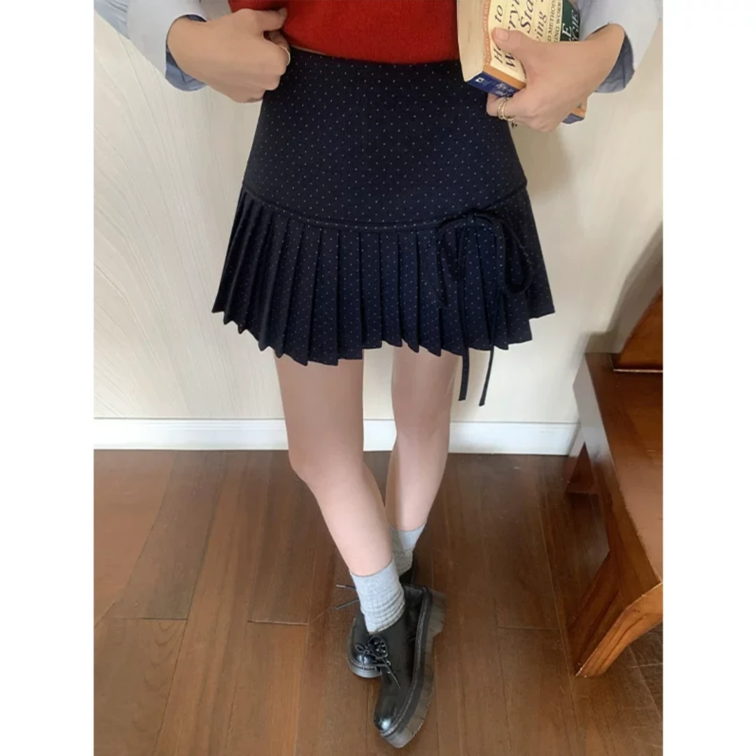 韩系复古波点蝴蝶结系带百褶半裙女高腰显瘦短款a字裙设计感百搭