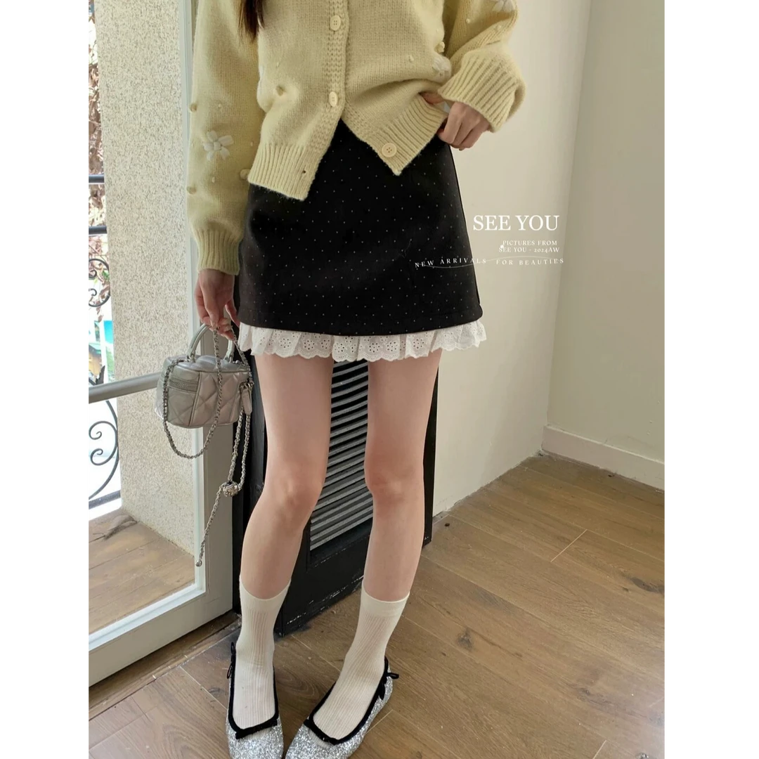 韩系蕾丝花边拼接波点毛呢厚实半身裙高腰百搭显瘦a字短裙24秋冬