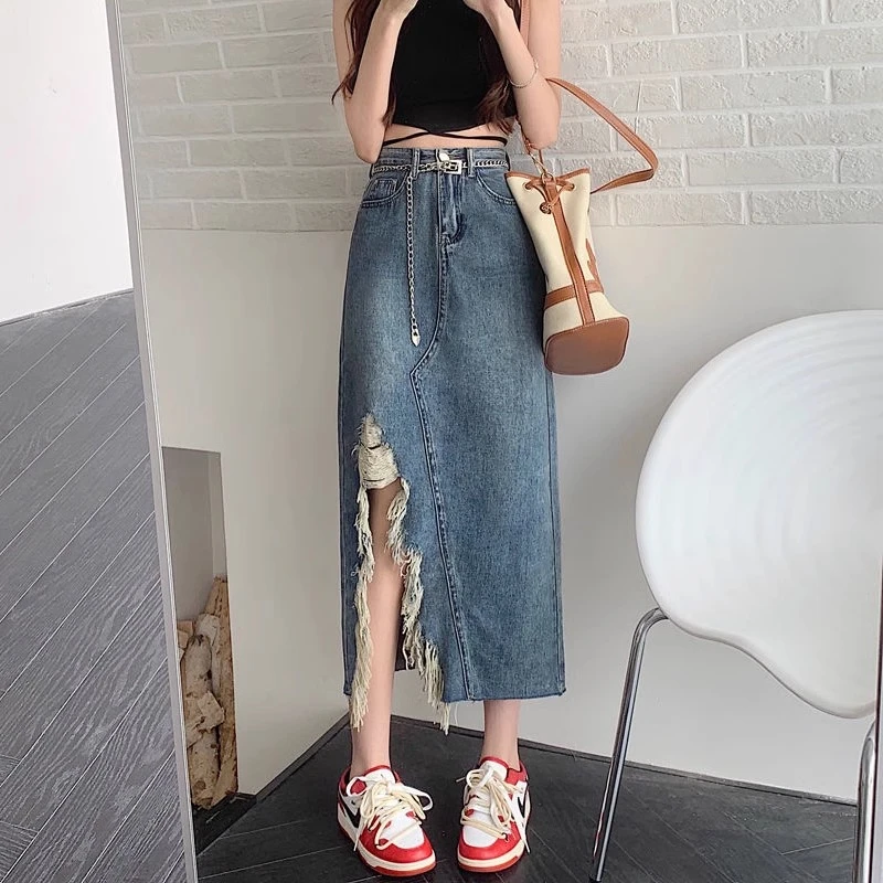 不规则流苏牛仔半身裙女秋季胖妹妹mm高腰遮胯显瘦中长款a字裙子