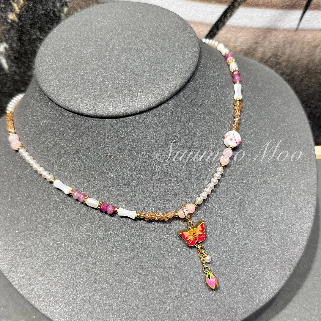 铜合金合成锆石项链 法式时尚彩色珠珠珐琅彩色蝴蝶吊坠项链