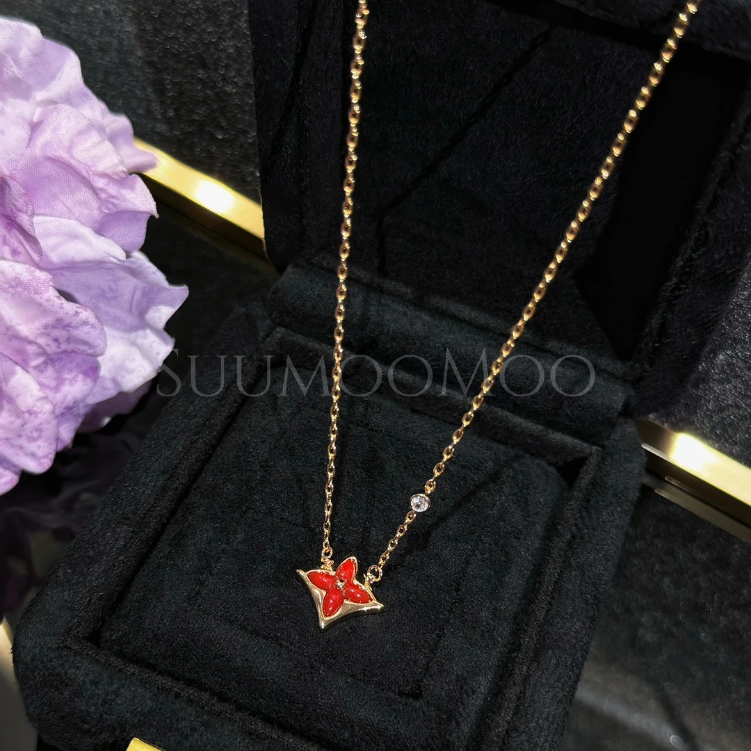 坠链均925银合成锆石 法式时尚玫瑰金红色花项链 925通体银