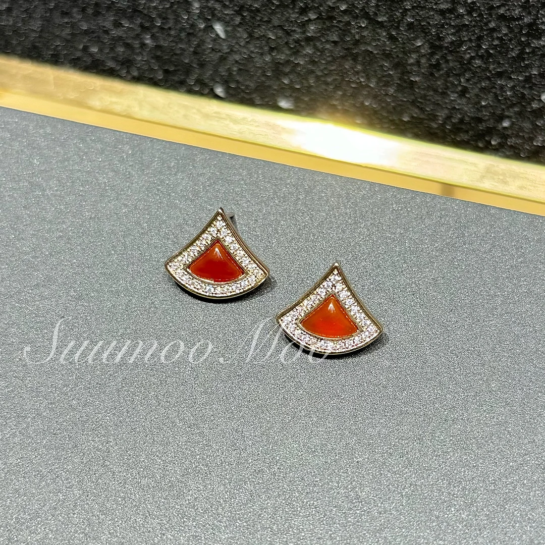 铜合金合成锆石耳饰 法式时红色扇形耳环轻奢气质