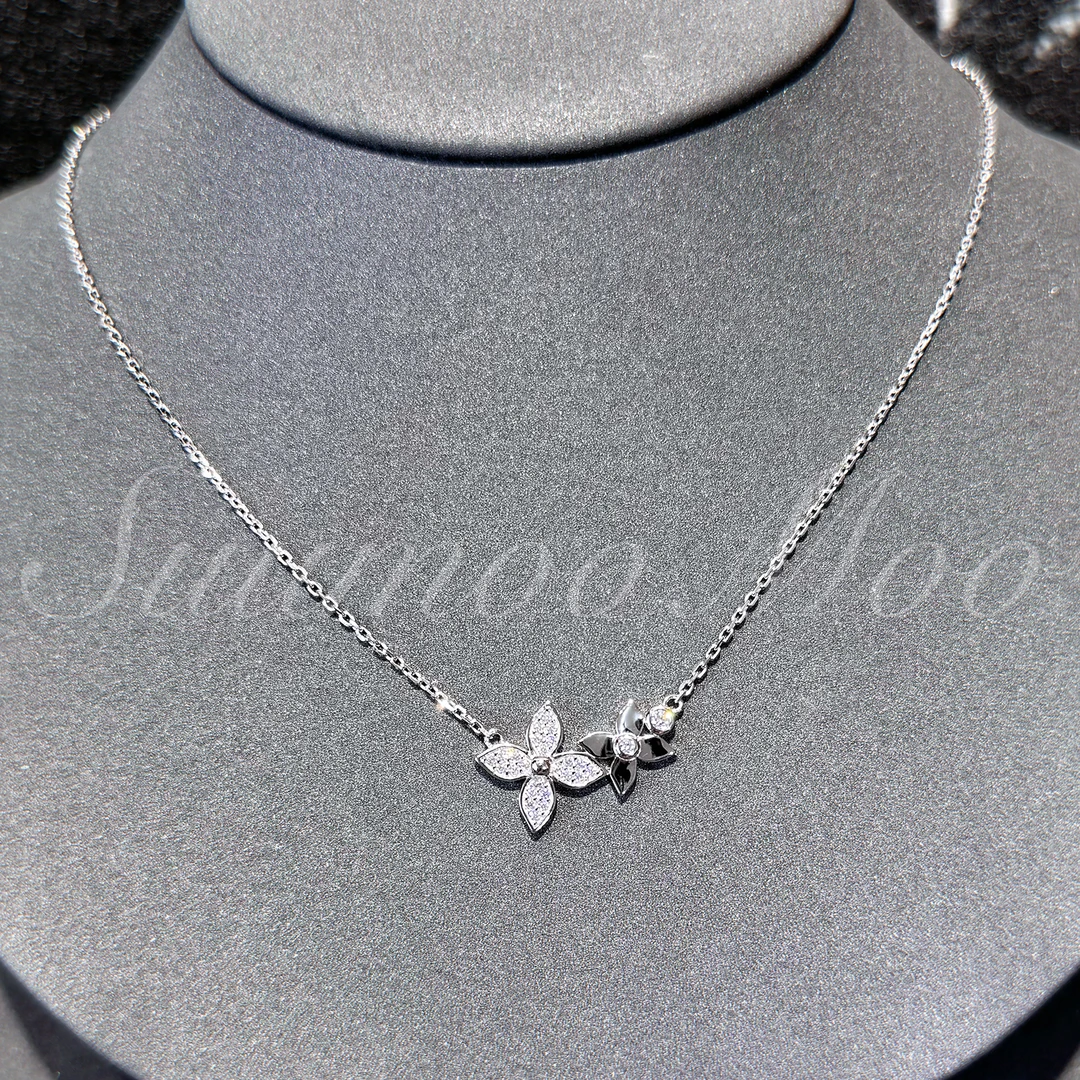 坠链均925银合成锆石 法式时尚AB花花项链 925通体银