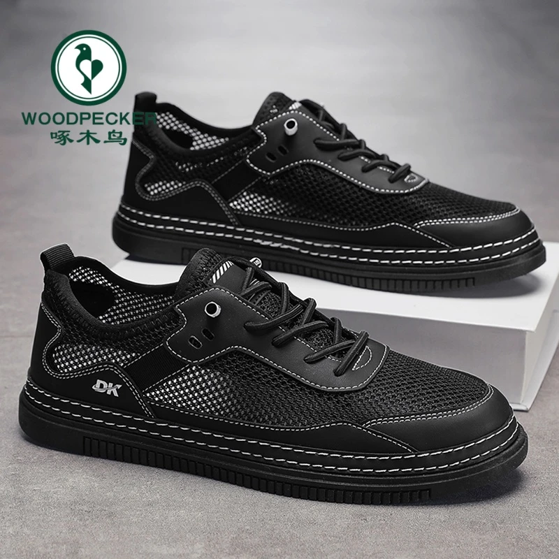 正品啄木鸟2025夏季新款透气镂空网面鞋一脚蹬轻便耐磨休闲板鞋