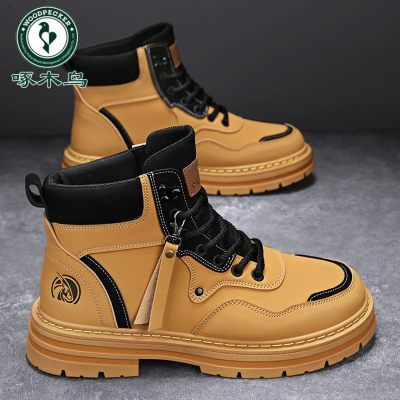 啄木鸟2025夏季新款英伦风马丁靴男士厚底百搭大黄靴高帮工装靴
