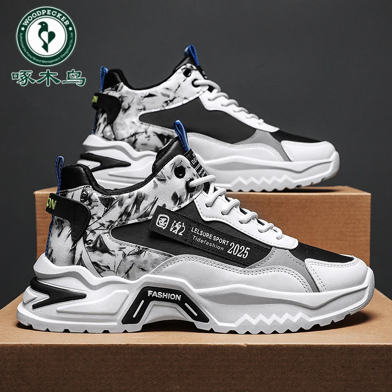 啄木鸟国潮男鞋2025新款夏季厚底防滑耐磨透气高帮休闲鞋增高潮鞋