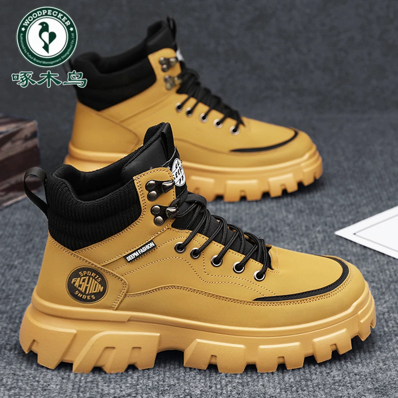 啄木鸟马丁靴男款2025夏季新款厚底防滑休闲运动高帮户外工装靴