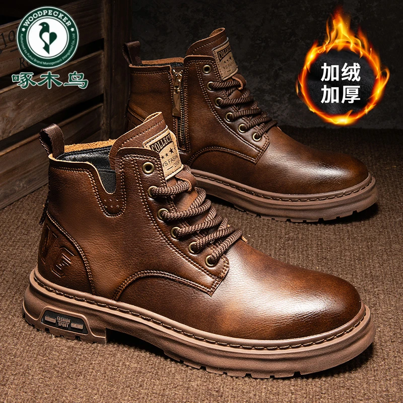 【正品啄木鸟】秋冬季帅气马丁靴2025新款高帮鞋百搭英伦休闲马丁靴