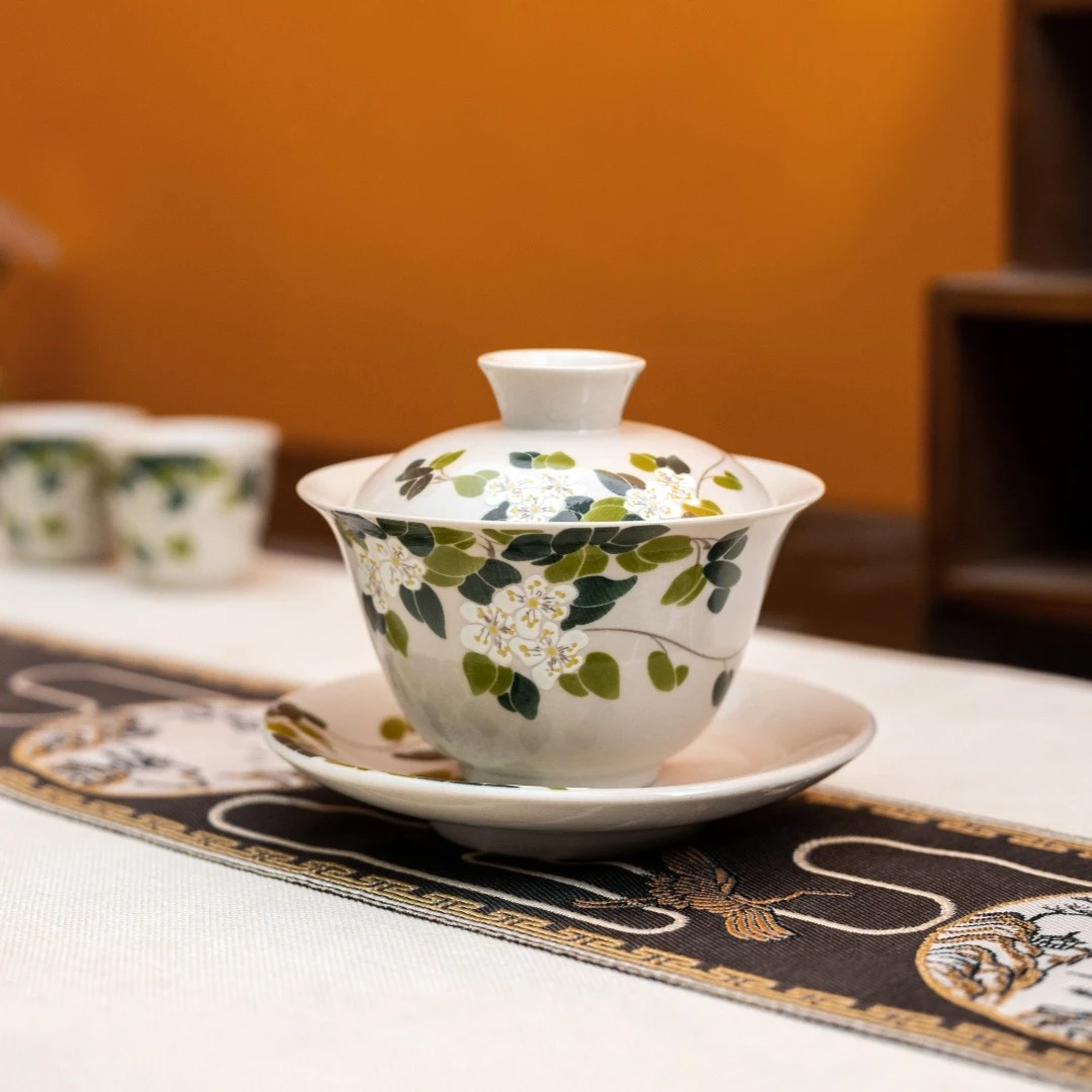 山茶花盖碗草木灰陶瓷泡茶碗功夫三才碗大号茶杯茶壶泡茶具敬茶碗