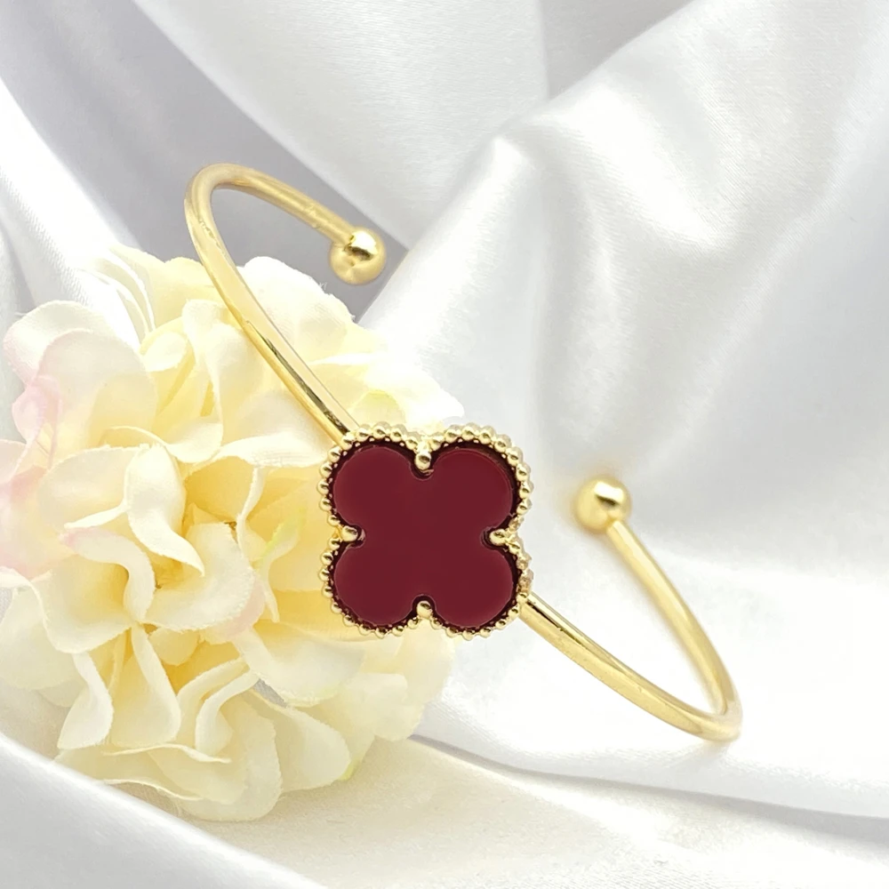 合金手镯 四叶草手镯轻奢ins风红色经典开口百搭手镯